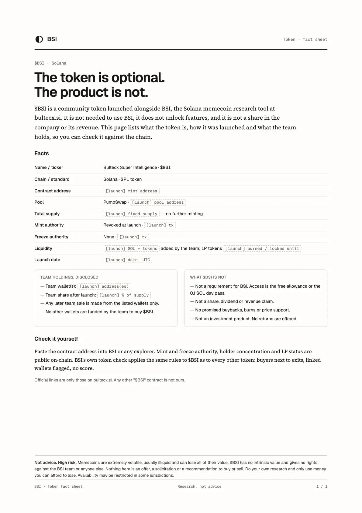 First page of $BSI token fact sheet